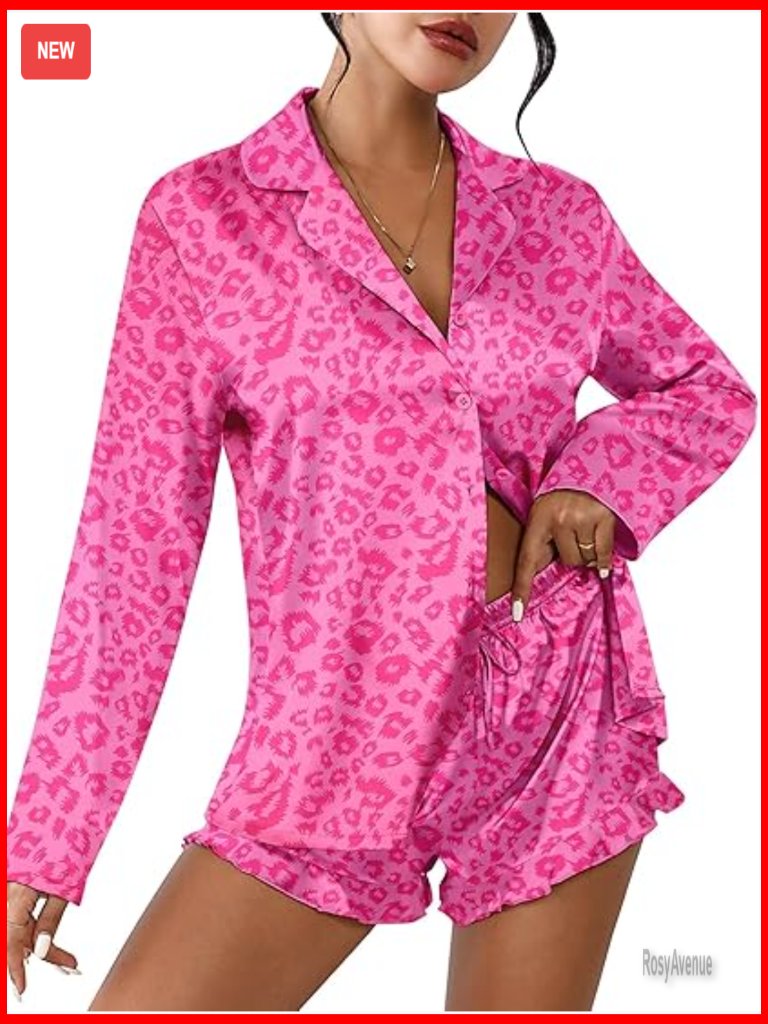 Silk Satin Pajama Set Long Sleeve Top And Shorts Button Down Sleepwear